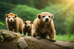 three brown bears standing on a rock in the woods. AI-Generated photo