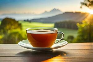 a cup of tea on a wooden table in front of a beautiful mountain view. AI-Generated photo