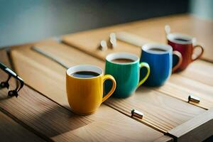 un mesa con cuatro café tazas en él. generado por ai foto