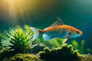 a fish swimming in the water with green plants. AI-Generated photo