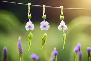 three purple flowers hanging from a branch. AI-Generated photo