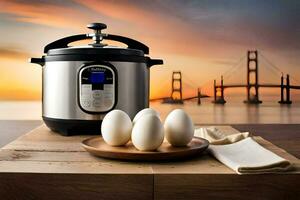 an instant pot with eggs on a table next to a bridge. AI-Generated photo