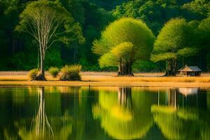 a lake with trees and a hut in the middle. AI-Generated photo