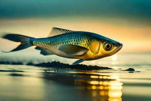 un pescado es nadando en el playa a puesta de sol. generado por ai foto