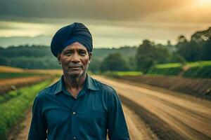 a man in a turban standing on a dirt road. AI-Generated photo