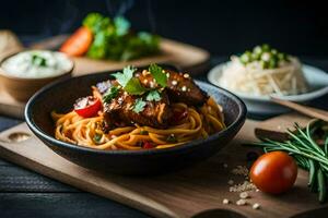 un plato de espaguetis con carne y vegetales en un de madera mesa. generado por ai foto