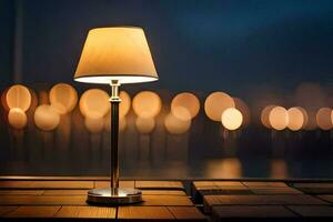 a table lamp on a wooden deck with a bokeh background. AI-Generated photo