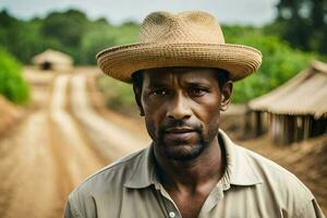 a man wearing a straw hat stands in front of a dirt road. AI-Generated photo