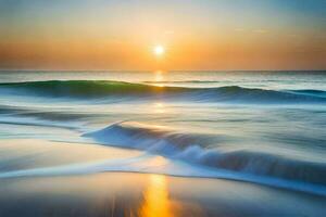 the sun rises over the ocean and waves. AI-Generated photo