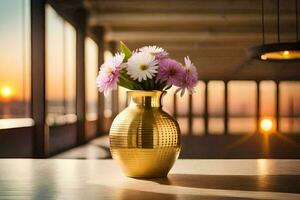 un dorado florero con flores en un mesa. generado por ai foto