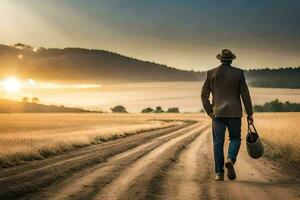 a man in a hat and suit walking down a dirt road. AI-Generated photo