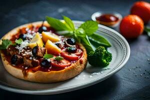 a pizza with tomatoes, olives and cheese on a plate. AI-Generated photo