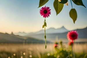 a pink flower is hanging from a branch in front of a mountain. AI-Generated photo