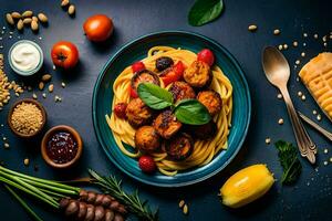 spaghetti with meatballs, tomatoes, basil and cheese on a blue plate. AI-Generated photo