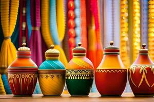 colorful vases are lined up on a table. AI-Generated photo