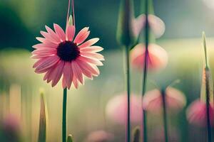 a pink flower is standing in the middle of a field. AI-Generated photo