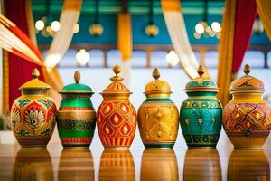 a row of colorful vases lined up on a wooden floor. AI-Generated photo