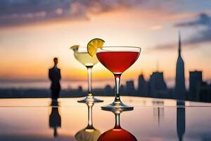 two cocktails sit on a table with a view of the city. AI-Generated photo