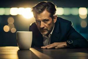 a man in a suit is looking at a coffee cup. AI-Generated photo