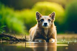 a dog is sitting in the water with its head down. AI-Generated photo