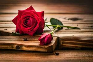 a single red rose is sitting on top of a wooden table. AI-Generated photo