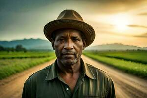 a man in a hat stands in a field. AI-Generated photo