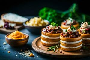 pequeño emparedados con queso y vegetales en un de madera lámina. generado por ai foto