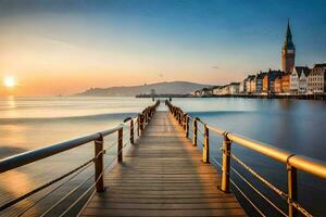 a wooden pier leads to the sea at sunset. AI-Generated photo