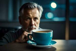 an older man sitting at a table with a cup of coffee. AI-Generated photo