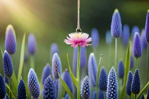 a purple flower is hanging from a string. AI-Generated photo