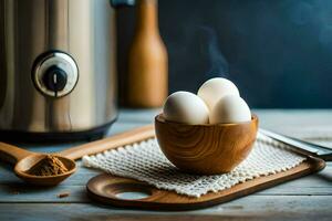 huevos en un de madera cuenco en un mesa siguiente a un vasija maceta. generado por ai foto