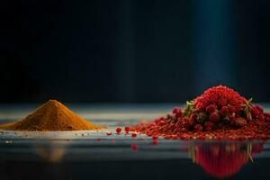 a pile of red berries and a pile of spices. AI-Generated photo