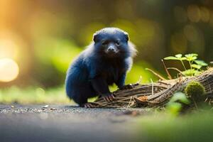 un pequeño azul animal sentado en un registro. generado por ai foto