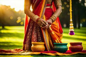 indio mujer en tradicional atuendo participación vistoso ollas. generado por ai foto