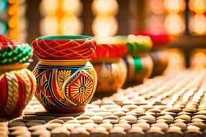 colorful vases are lined up on a table. AI-Generated photo