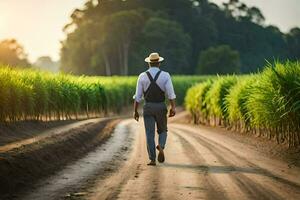 a man in a hat walks down a dirt road in front of a field of sugar cane. AI-Generated photo
