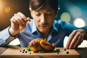 un hombre es comiendo un pollo en un corte tablero. generado por ai foto