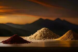 three different types of spices are shown in front of a mountain. AI-Generated photo