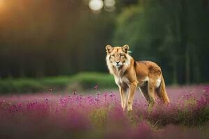 a wolf is standing in a field of purple flowers. AI-Generated photo