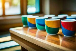 colorful cups lined up on a wooden table. AI-Generated photo