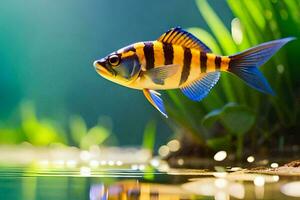a striped fish is swimming in the water. AI-Generated photo