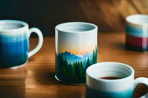 three coffee mugs with mountains painted on them. AI-Generated photo