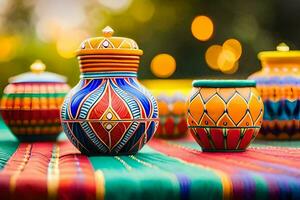 colorful pottery on a table with a bright background. AI-Generated photo