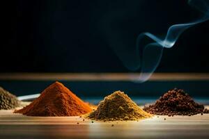 three different types of spices are shown on a table. AI-Generated photo