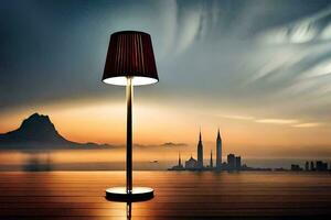 a lamp on a wooden floor with a view of the city. AI-Generated photo