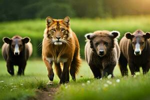 un grupo de marrón osos y un Tigre caminando juntos. generado por ai foto