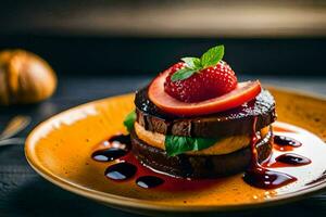 a plate with a strawberry and a slice of cake. AI-Generated photo