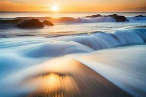 un hermosa puesta de sol terminado el Oceano con olas estrellarse dentro rocas generado por ai foto