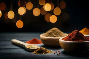 spices in wooden bowls on a table with lights. AI-Generated photo