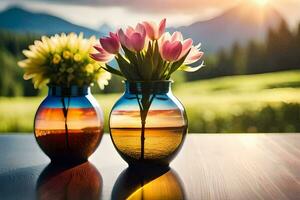 two vases with flowers on a table in front of a mountain. AI-Generated photo